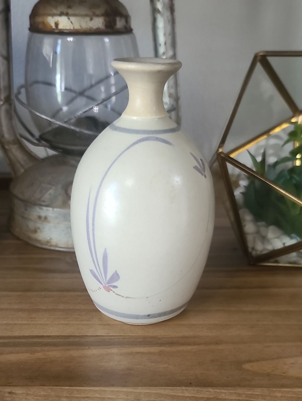 Westlin Studio Pottery Ceramic Cream Bud Vase with Lavender Floral Accent